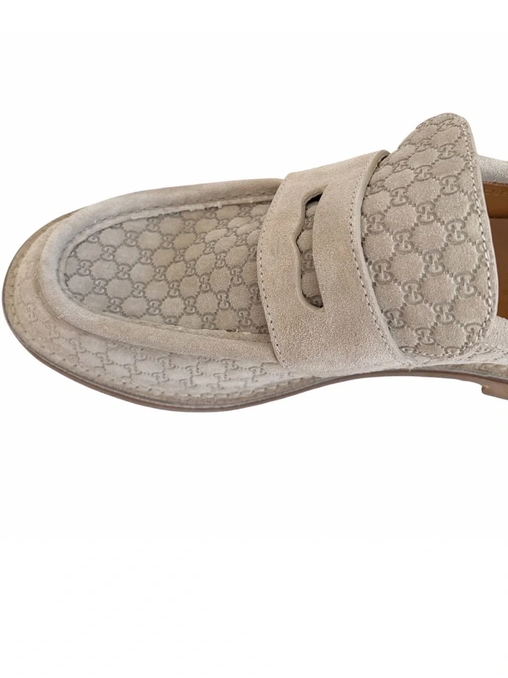 NWT Gucci Beige Suede Monogram Penny Loafers US 9